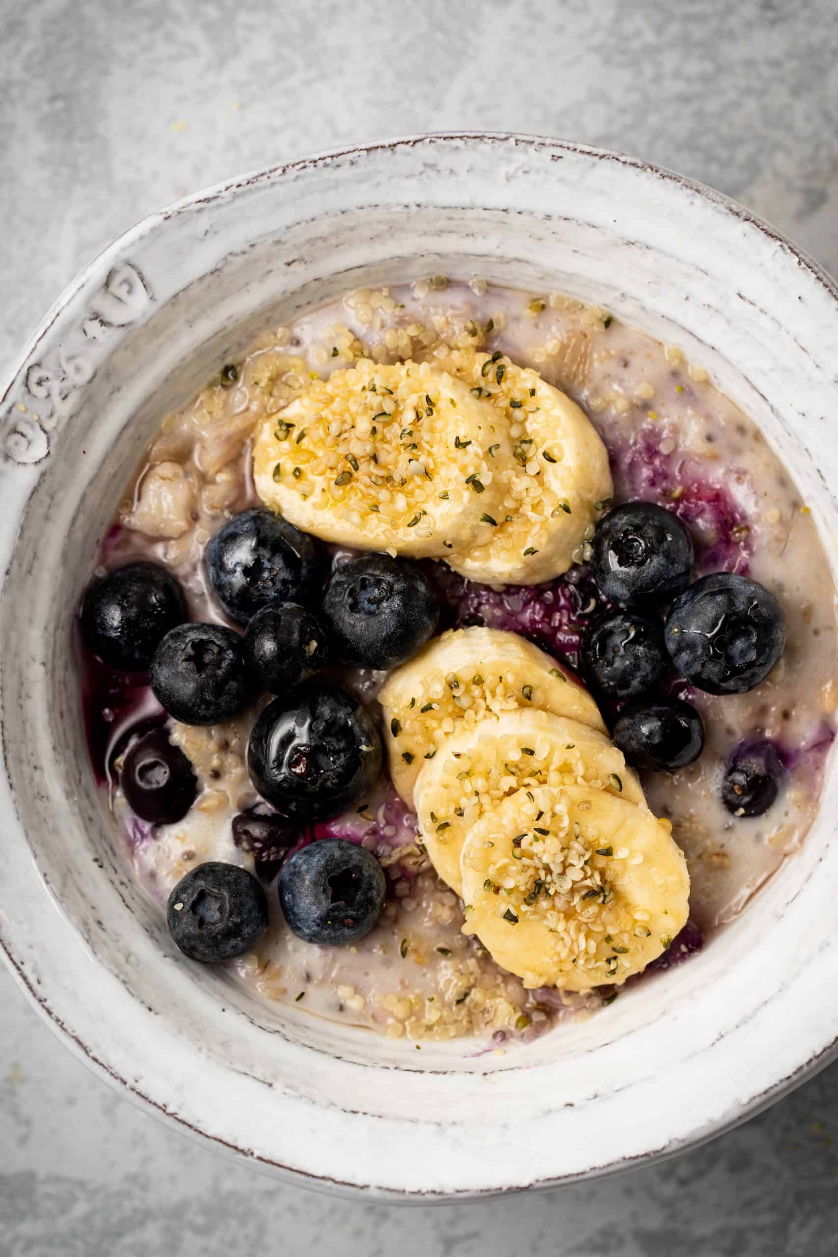 close up of blueberry and banana oatmeal
