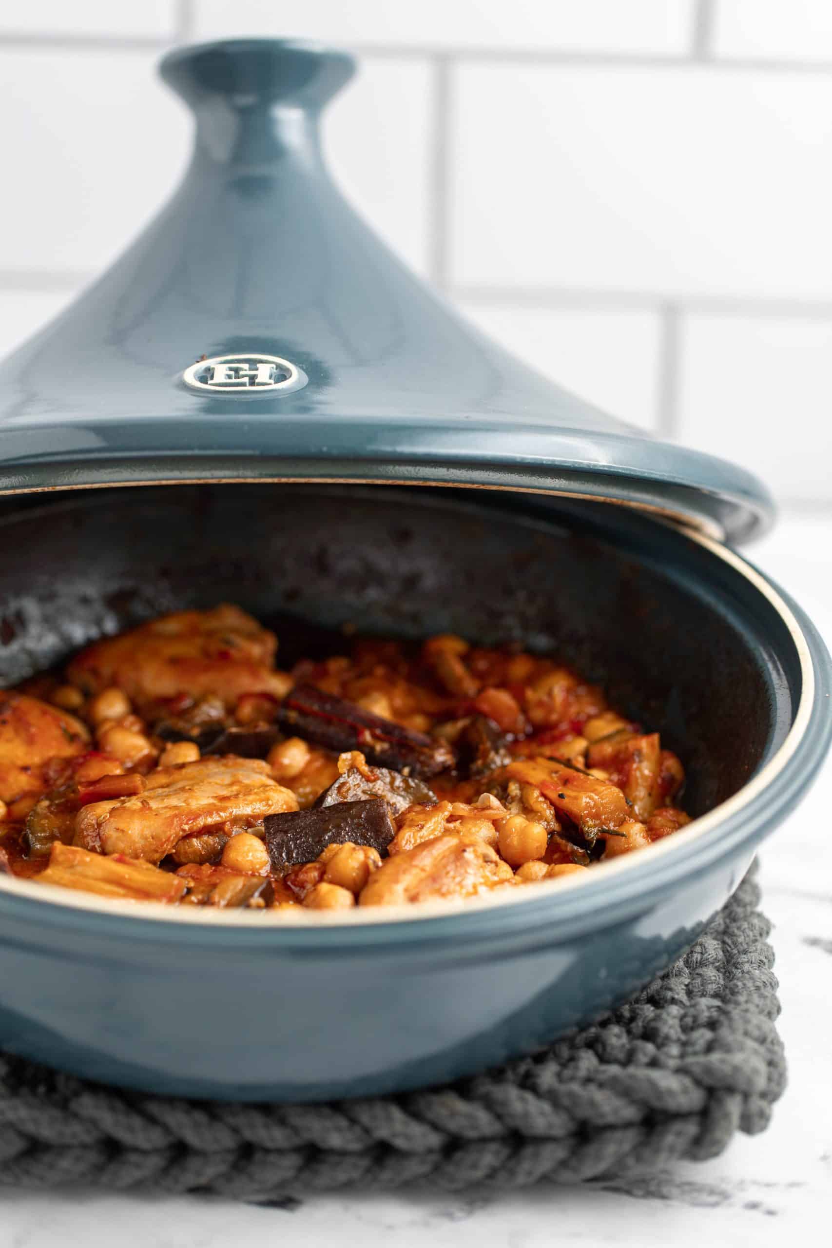 chicken and eggplant tagine on a kitchen counter