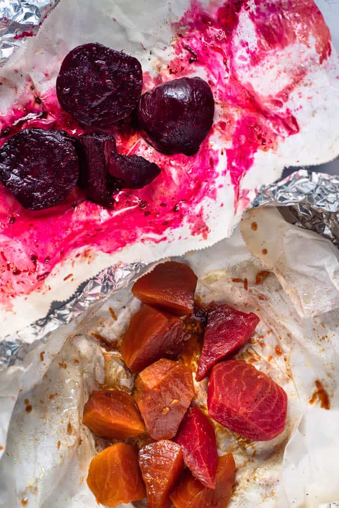 Roasted beets in parchment paper and foil