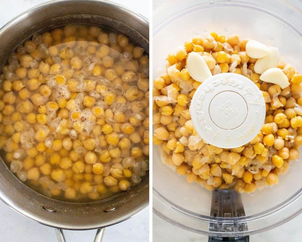 college-pot filled with boiled chickpeas. 2nd chickpeas in a food processor with garlic