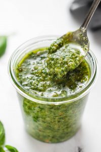 close up of the easy pesto on a spoon