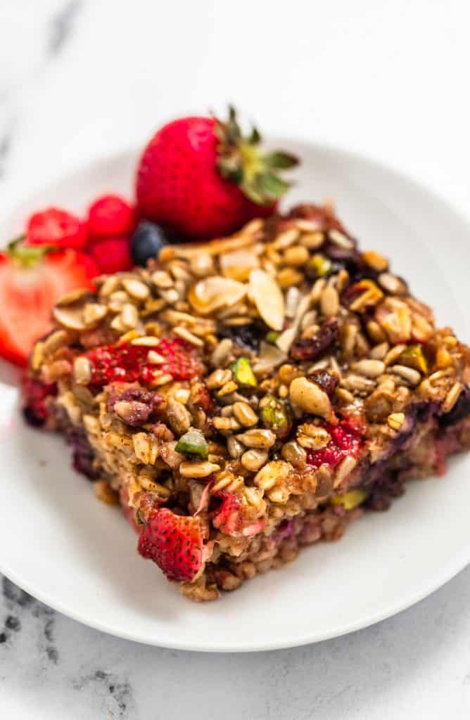 close up of the baked oatmeal with fruit