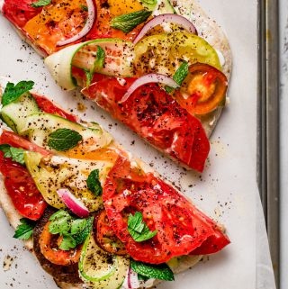 Lebanese Labneh sandwiches topped with heirloom tomatoes